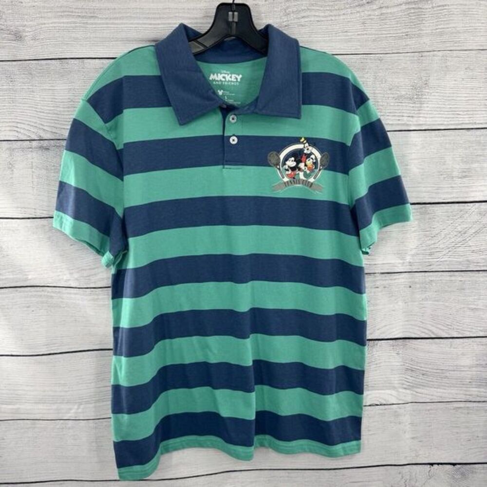 Disney Mickey Mouse Tennis Club Striped Polo Shirt‎ Mens Large Navy Green Casual